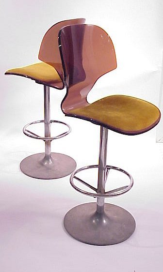 Pair of lucite and aluminum bar stools with upho