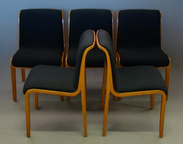 Six Bill Stephens for Knoll chairs in laminated: Six Bill Stephens for Knoll chairs in laminated oak with black knit fabric, 32" H x 19" W x 22" D, fabric is pilling and some wear, chairs are structurally sound and finish appears original, Knoll Int