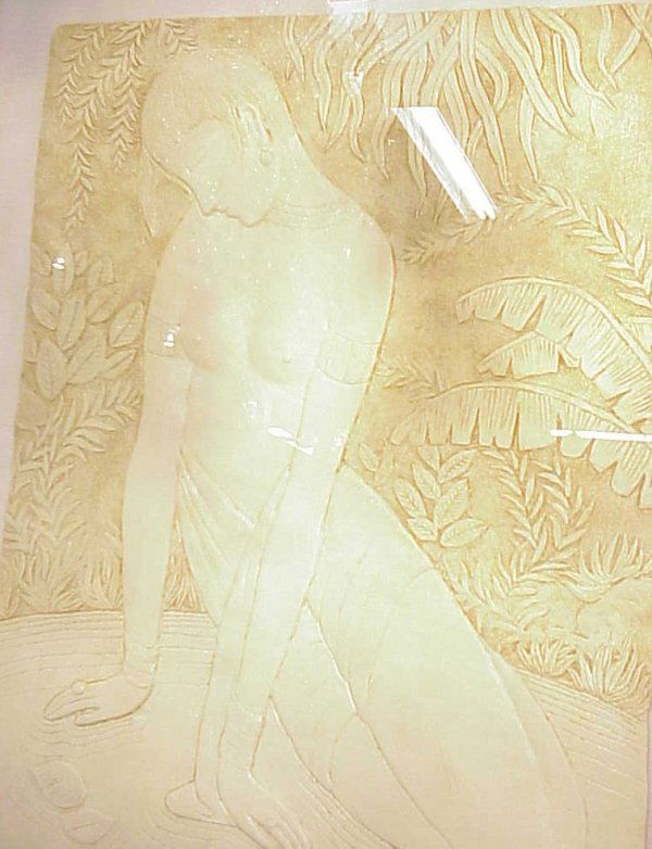 Signed Brioni Art Deco style female semi nude in: Signed Brioni Art Deco style female semi nude in a landscape, composition (?) 43" x 32 1/2", framed 55 1/2" x 45 1/2", 20thc