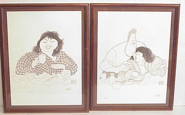Two Al Hirschfeld Roseanne lithos, Roseanne eati: Two Al Hirschfeld Roseanne lithos, Roseanne eating, 15 1/4" x 12 1/4", signed, numbered 40/200, matted and framed 19" x 15", Roseanne and Dan Connor (John Goodman) 15 1/4" x 12 1/4", signed, numbered