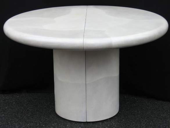 KARL SPRINGER DINING TABLE: KARL SPRINGER DINING TABLE WITH TWO LEAVES, GOAT SKIN LACQUER FINISH, 29 1/2" HIGH, 4' DIAMETER, LEAVES 18"EACH