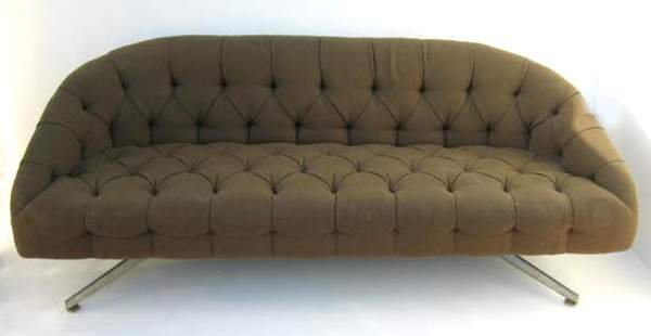 WARD BENNETT FOR LEHIGH CO. SOFA: OLIVE GREEN TUFTED SOFA, LEHIGH MANUF., WOOL & POLISHED STEEL BASE, 75"L X 32"W