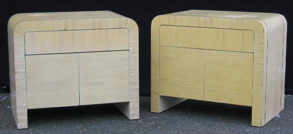 PAIR KARL SPRINGER NIGHT STANDS, SOME LACQUER LO: PAIR KARL SPRINGER NIGHT STANDS, SOME LACQUER LOSSES, ONE IS FADED.
