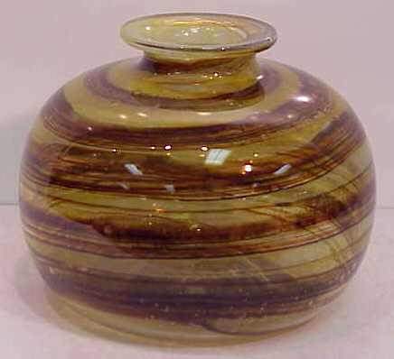 ART GLASS VASE, SQUART FORM FLARED LIP, STRIPED T: ART GLASS VASE, SQUART FORM FLARED LIP, STRIPED TURQUOISE YELLOW GROUND, RAISED PONTIL, 6 1/2"H X 8 1/2"D