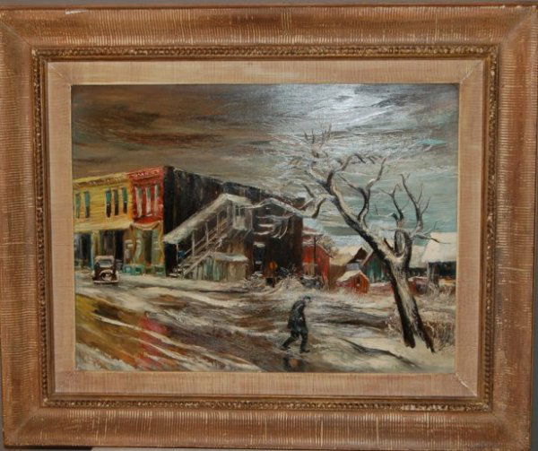 Aaron Bohrod (1907-1993 USA) Wisconsin Town in W: Aaron Bohrod (1907-1993 USA) Wisconsin Town in Winter" oil on masonite, signed lower left, 16" x 21 1/4", framed 24"x29", Associated American Artists, NY Gallery label verso, provenance: Ernest Lubits