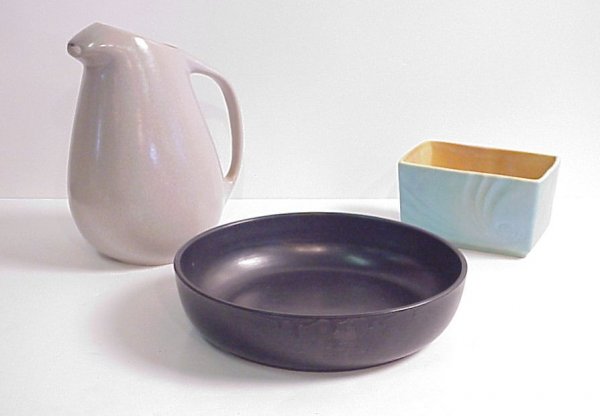 Roseville Raymor grey pitcher, #189, 10 1/2", Ros: Roseville Raymor grey pitcher, #189, 10 1/2", Roseville black matte bowl 10", #938, Florane II planter, 6", all signed, no ships, no cracks