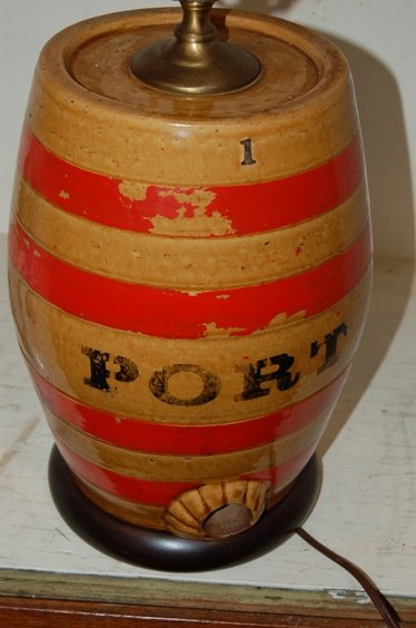 Port Wine Pottery barrel, converted to lamp, 12" H.
