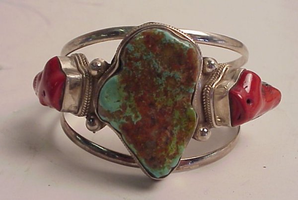 Sterling cuff bracelet with turquoise and coral st