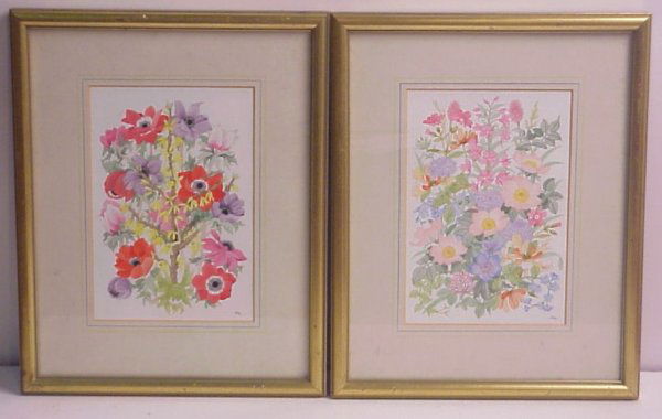 2 botanicals, watercolor, 9" x 6 1/2", monogramme: 2 botanicals, watercolor, 9" x 6 1/2", monogrammed, matted and framed 15" x 12"