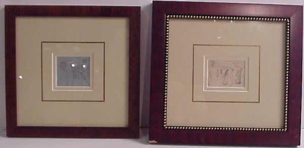 2 William Harnett drawings, 3 figures, pencil, 2 1: 2 William Harnett drawings, 3 figures, pencil, 2 1/8" x 2 3/8", unsinged, matted and framed 9 1/2" x 9 3/4" and landscape with shephers, pencil, 1 3/4" x 2 3/4", unsigned, matted and framed 10" x 10 3