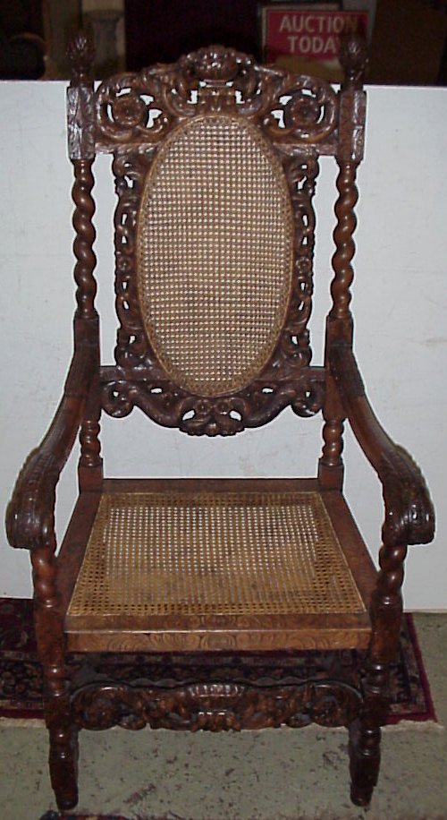 19thc oak carved throne chair, twist supports, pin