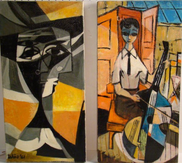 Nicholas Takis (1903-1965 New York) two oils on c: Nicholas Takis (1903-1965 New York) two oils on canvas, Cello player, 24" x 12", signed lower left, dated '61, canvas has hole and tear upper left, unframed and Cubist portrait, 24" x 12", signed lowe