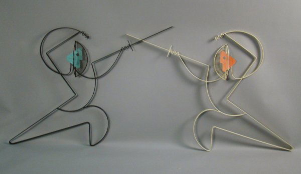 2 Frederick Weinberg metal wall hangings depicting: 2 Frederick Weinberg metal wall hangings depicting fencers, color sprayed metal, unsigned, have been repainted