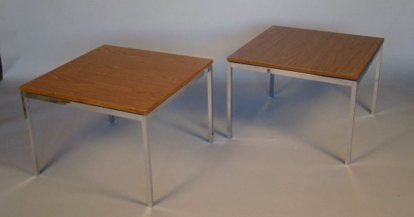 Florence Knoll / Knoll pair of side tables, wood: Florence Knoll / Knoll pair of side tables, wood grain laminate top and chrome steel base, 17"h, 24" x 24", some surface wear, chrome is good