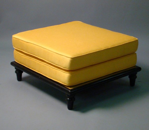 Mason Art ottoman, ebonized wood base, fabric upho: Mason Art ottoman, ebonized wood base, fabric upholstered loose cushion, 15"h, 27 3/4" x 27 3/4"