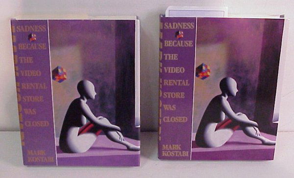 Mark Kostabi, 2 signed books, "Sadness Because Th: Mark Kostabi, 2 signed books, "Sadness Because The Video Rental Store Was Closed", each signed, dated 1988 and dedicated to Louise and Marvin, 9" x 7"