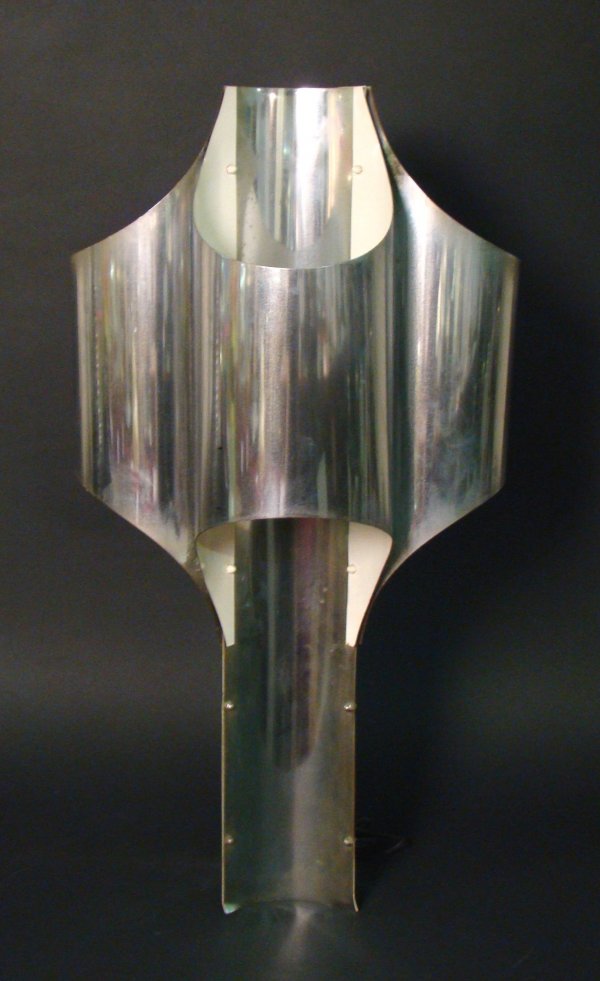 Robert Sonneman table lamp, folded steel and color: Robert Sonneman table lamp, folded steel and color sprayed metal, foil label, 32"h, some oxidation to metal