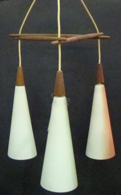 Raymor Three light pendant fixture, frosted glass: Raymor Three light pendant fixture, frosted glass & oiled teakwood. 24"h x 18"d( good overall condition.)