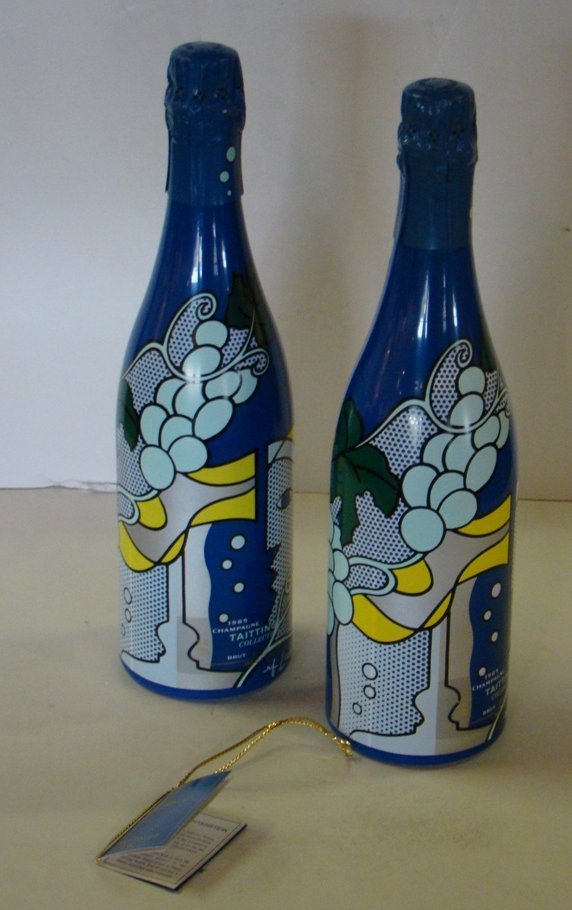Roy Lichtenstein, Taittinger Collection, 2 Champa: Roy Lichtenstein, Taittinger Collection, 2 Champagne Brut 1985, 13 1/2"h, in original box 13 3/4", 4" x 4"