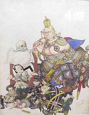 ARTHUR SZYK (1894-1951, POL/AMER) WWII POLITICAL C: ARTHUR SZYK (1894-1951, POL/AMER) WWII POLITICAL CARTOON DEPICTING HITLER, WATERCOLOR, SIGNED & DATED 1944 LOWER RIGHT, 13 1/2" X 10 3/4", MATTED & FRAMED.