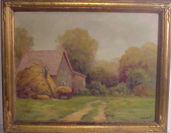 W.W. Walton barn landscape with hay gatherers, oil: W.W. Walton barn landscape with hay gatherers, oil on canvas, 20" x 25 3/4", signed lower left, early 20thc, framed 24 1/2" x 31"