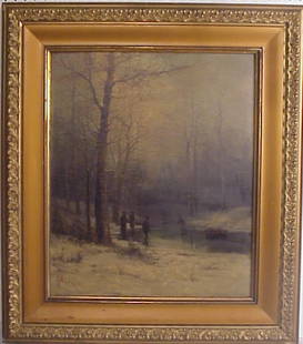 R. Nicholes 19thc Winter scene with children gath: R. Nicholes 19thc Winter scene with children gathering kindling, oil on canvas, 23 1/2" x 19", signed lower left, period gilt frame 33" x 29 1/2"