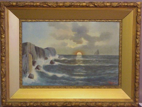 Signed Moran, sunset seascape with sailboat, oil o: Signed Moran, sunset seascape with sailboat, oil on canvas, 12" x 18", signed lower right, period gilt frame 19" x 25", possibly John Leon Moran (1864-1941 Watchung, NJ)