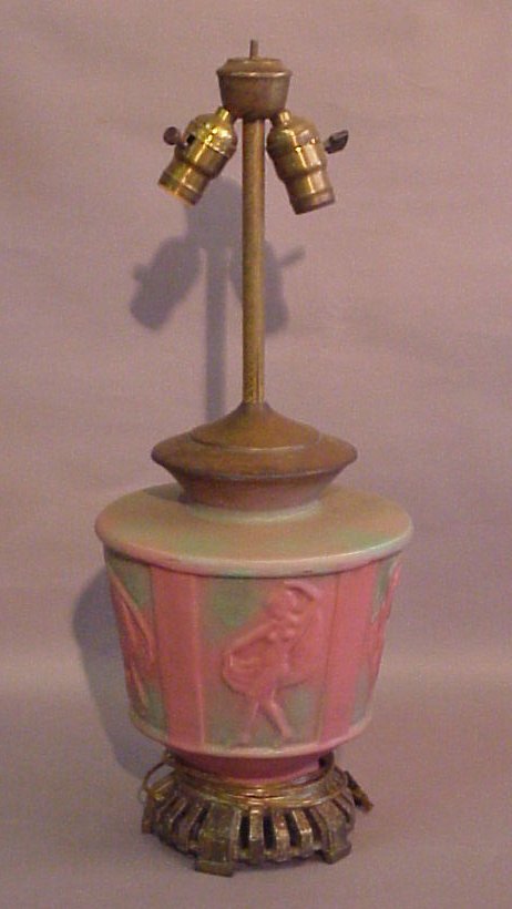 Possibly Fulper nude dancer relief pottery vase m: Possibly Fulper nude dancer relief pottery vase mounted as a lamp, circa 1920-30's, 10" x 9" pottery alone, 22" to top