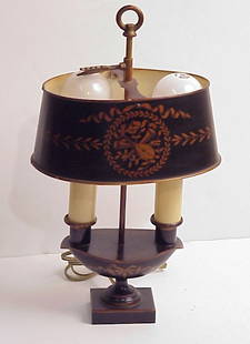 French tole desk lamp, black and gold, marked Made: French tole desk lamp, black and gold, marked Made in France, 15 1/2" x 8 1/2", mid 20thc