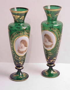 Pair of 19thc Bohemian emerald glass portrait vase: Pair of 19thc Bohemian emerald glass portrait vases with gilt 13"h x 4"w