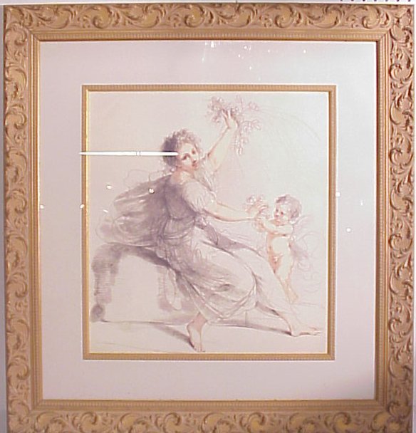 Old Master style drawing of Venus and Cupid, matt: Old Master style drawing of Venus and Cupid, matted and framed 36" x 35", unsigned, 20thc