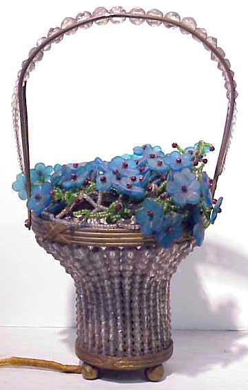 BEADED CRYSTAL & GILT METAL FLOWER BASKET LAMP