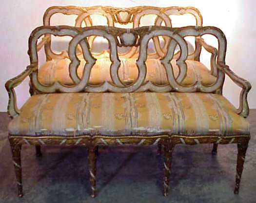 PR FRENCH STYLE SETTEES, CARVED & PAINTED, TURN O: PR FRENCH STYLE SETTEES, CARVED & PAINTED, TURN OF THE CENTURY, SILK UPHOLSTERY AS IS, MINOR LOSSES TO GILT, 52"W X 34"H