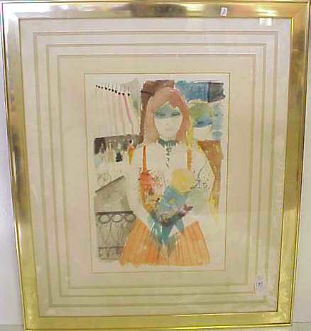 CHARLES LEVIER (20THC FRANCE)PORTRAIT OF A LADY H: CHARLES LEVIER (20THC FRANCE)PORTRAIT OF A LADY HOLDING FLOWERS, WATERCOLOR, 16" X 23 1/2", SIGNED, MATTED, FRAMED