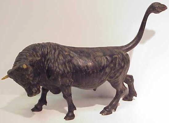 BRONZE BULL, MISSING ONE HORN, 7 1/2"H X 9 1/2"L