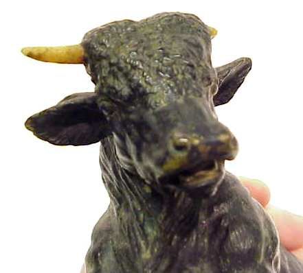 BRONZE BULL, MISSING ONE HORN, 7 1/2"H X 9 1/2"L - 2