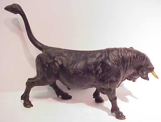 BRONZE BULL, MISSING ONE HORN, 7 1/2"H X 9 1/2"L - 4
