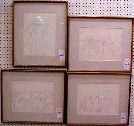 FOUR PRINTS OR DRAWINGS OF MUSICIANS 12" X 9", ON