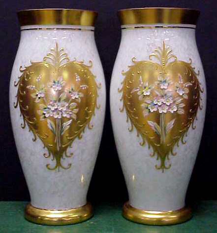 PAIR OF ITALIAN GLASS VASES, WHITE WITH GILT, 14