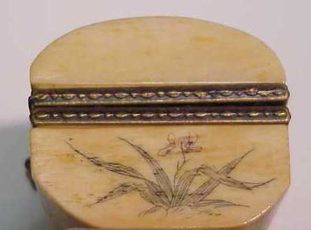 CARVED BONE BOX, SCRIMSHAWED, CAT DESIGN, 3 1/4" - 4
