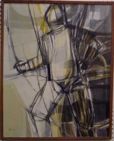 THE FENCER, ABSTRACT ACRYLIC ON BOARD, SIGNED LOW