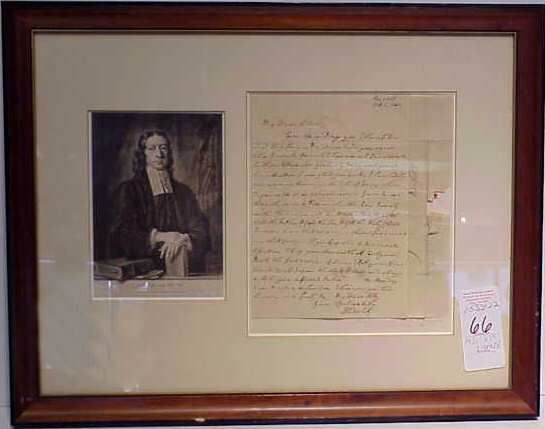 JOHN WESLEY, OXFORD, 18THC AUTOGRAPHED LETTER, 1767: JOHN WESLEY, OXFORD COLLEGE 18THC AUTOGRAPHED LETTER DATED 1767 AND TURN OF THE CENTURY PORTRAIT PRINT OF JOHN WESLEY, 6 1/2" X 4 1/2", BOTH FRAMED AND MATTED TOGETHER, 14 1/2" X 19" OVERALL