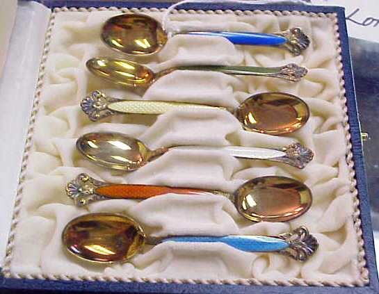 SIX STERLING AND ENAMEL DEMITASSE SPOONS, BOXED, M