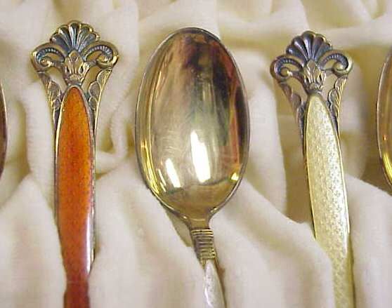 SIX STERLING AND ENAMEL DEMITASSE SPOONS, BOXED, M - 2