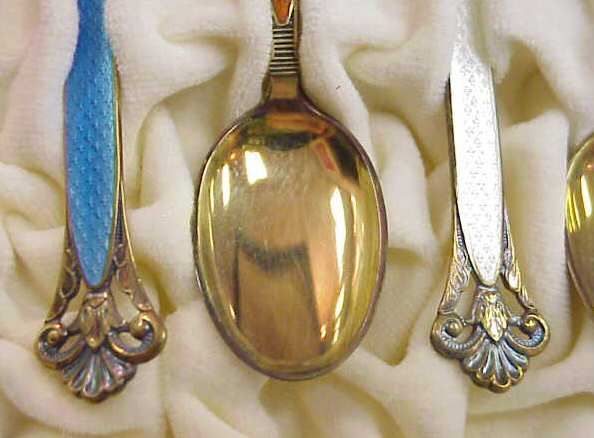 SIX STERLING AND ENAMEL DEMITASSE SPOONS, BOXED, M - 3