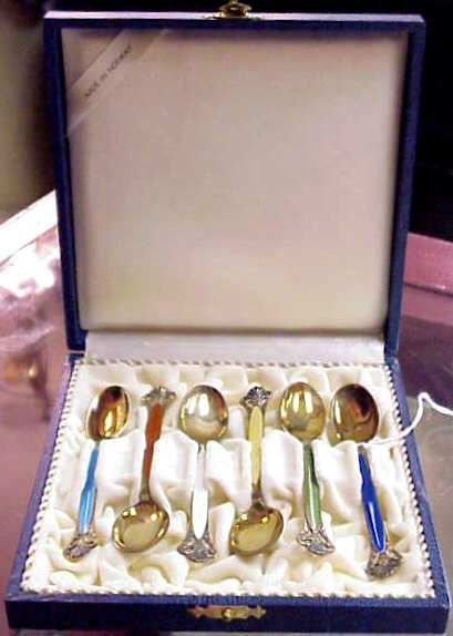 SIX STERLING AND ENAMEL DEMITASSE SPOONS, BOXED, M - 4