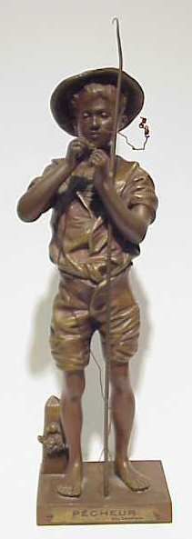 ADOLPHE JEAN LAVERGNE (?-1892 FRANCE) "PECHEUR" BR: ADOLPHE JEAN LAVERGNE (?-1892 FRANCE) "PECHEUR" BRONZE STATUE OF A BOY FISHING, BARBEDIENNE FOUNDRY MARK, 13" H