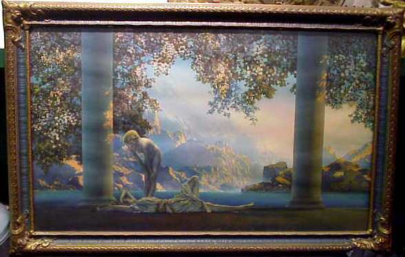 MAXFIELD PARRISH "DAYBREAK" PRINT IN PERIOD FRAME,: MAXFIELD PARRISH "DAYBREAK" PRINT IN PERIOD FRAME, 21 1/2" X 33 1/2" OVERALL.