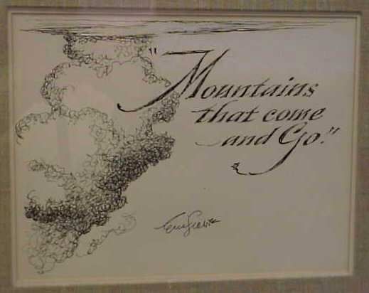ERIC SLOANE (1910-1985 CORNWALL BRIDGE CT) "MOUNT: ERIC SLOANE (1910-1985 CORNWALL BRIDGE CT) "MOUNTAINS THAT COME AND GO", 12" X 15", BOOK ILLUSTRATION INK ON PAPER, SIGNED BOTTOM CENTER, ORIG WOOD FRAME
