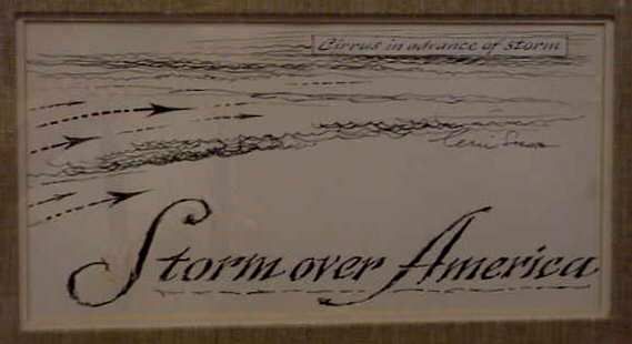 ERIC SLOANE (1910-1985 CORNWALL BRIDGE, CT) "STOR: ERIC SLOANE (1910-1985 CORNWALL BRIDGE, CT) "STORM OVER AMERICA", BOOK ILLUSTRATION INK ON PAPER, 7" X 14", SIGNED CENTER RIGHT, ORIG WOOD FRAME